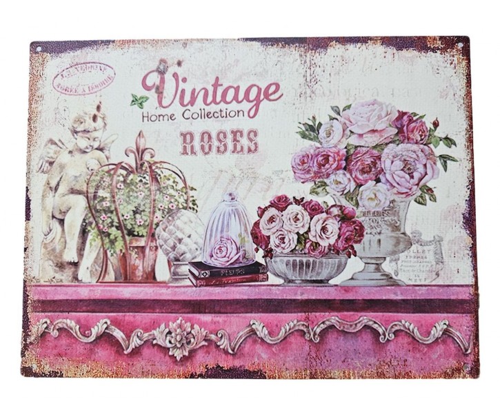 Růžová nástěnná kovová cedule s růžemi Vintage Roses - 33*25 cm