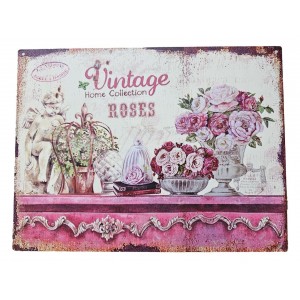 Růžová nástěnná kovová cedule s růžemi Vintage Roses - 33*25 cm
