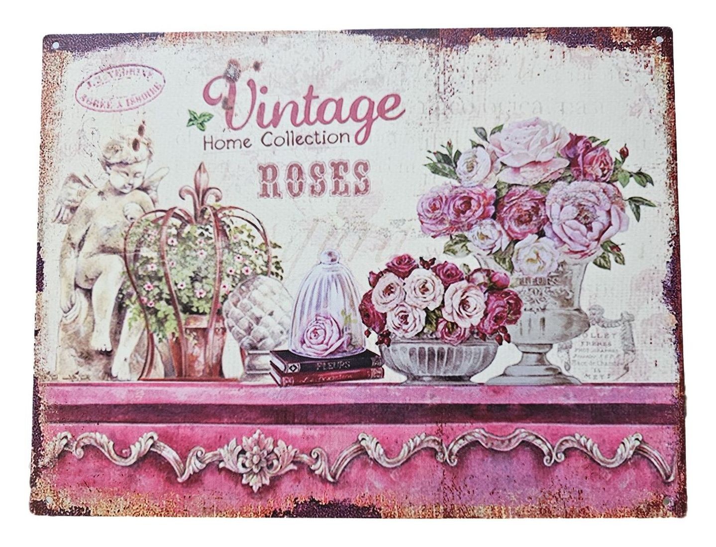 Růžová nástěnná kovová cedule s růžemi Vintage Roses - 33*25 cm