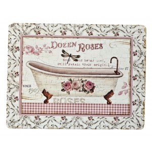 Béžová antik nástěnná kovová cedule s vanou a růžemi Dozes Roses - 25*33 cm