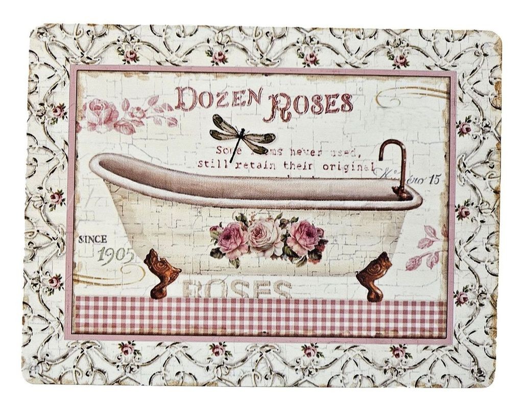 Béžová antik nástěnná kovová cedule s vanou a růžemi Dozes Roses - 25*33 cm