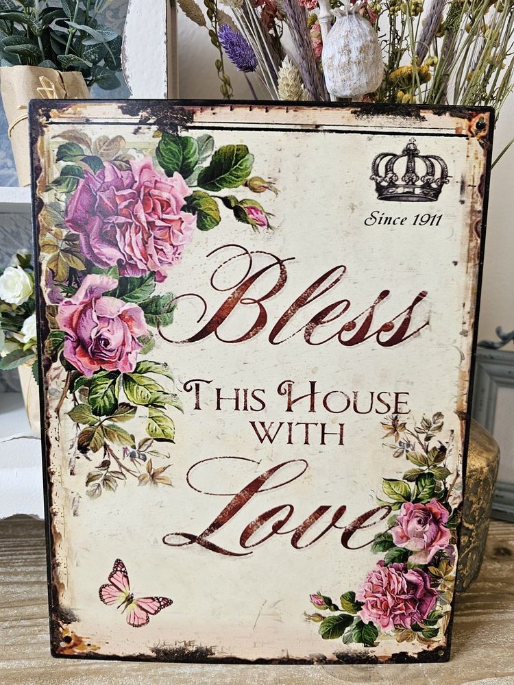 Nástěnná kovová cedule Bless this house with Love - 25*33 cm