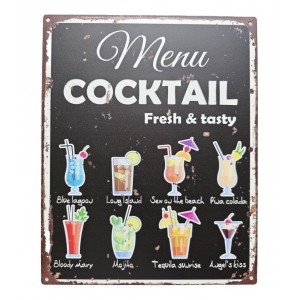 Černá antik nástěnná kovová cedule Menu Coctail - 20*25cm