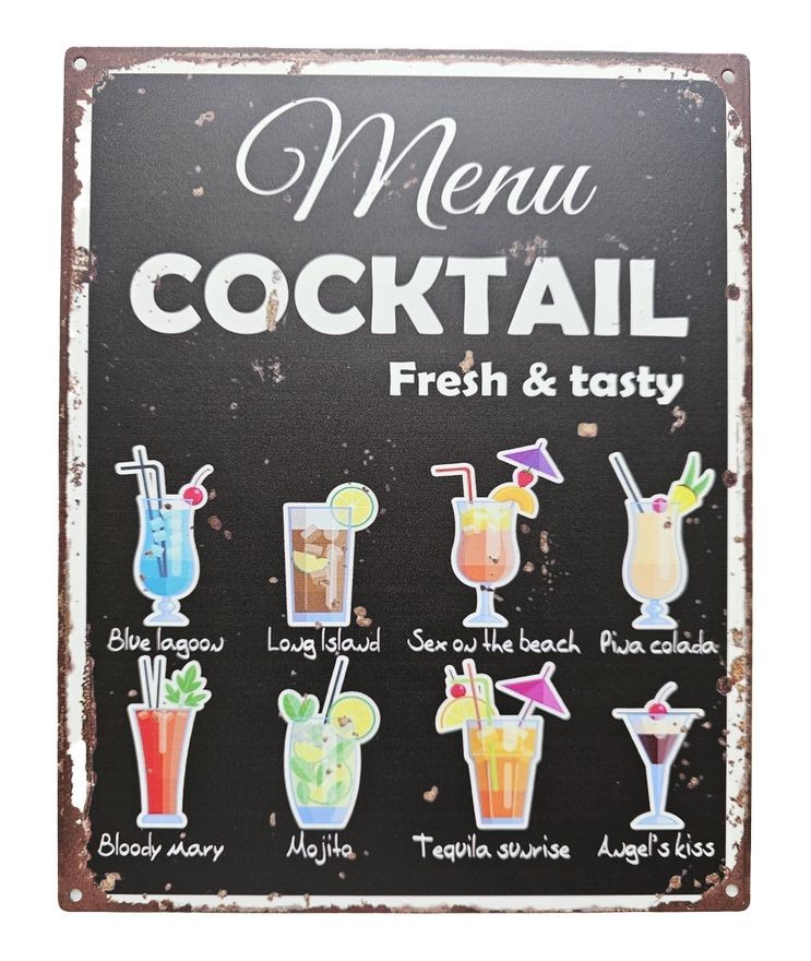 Černá antik nástěnná kovová cedule Menu Coctail - 20*25cm