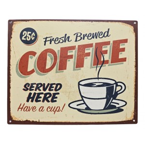 Žlutá antik nástěnná kovová cedule Fresh Coffee - 25*20cm