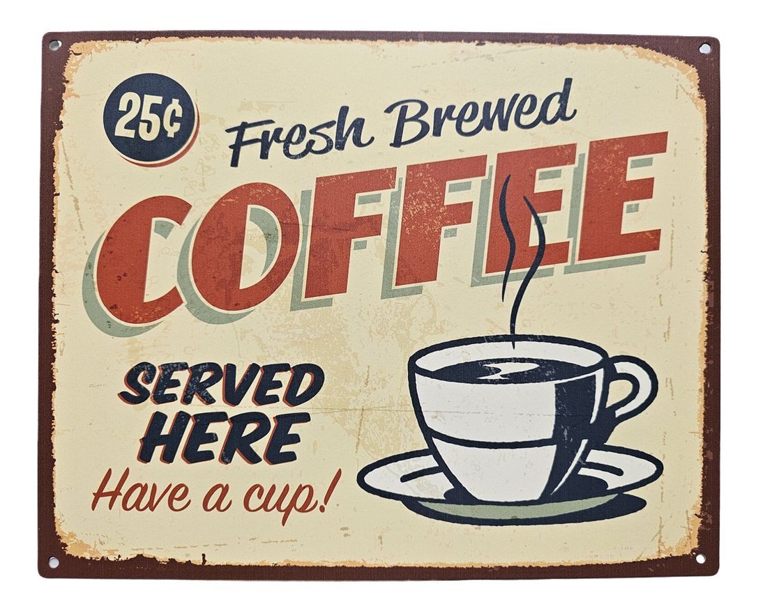 Žlutá antik nástěnná kovová cedule Fresh Coffee - 25*20cm