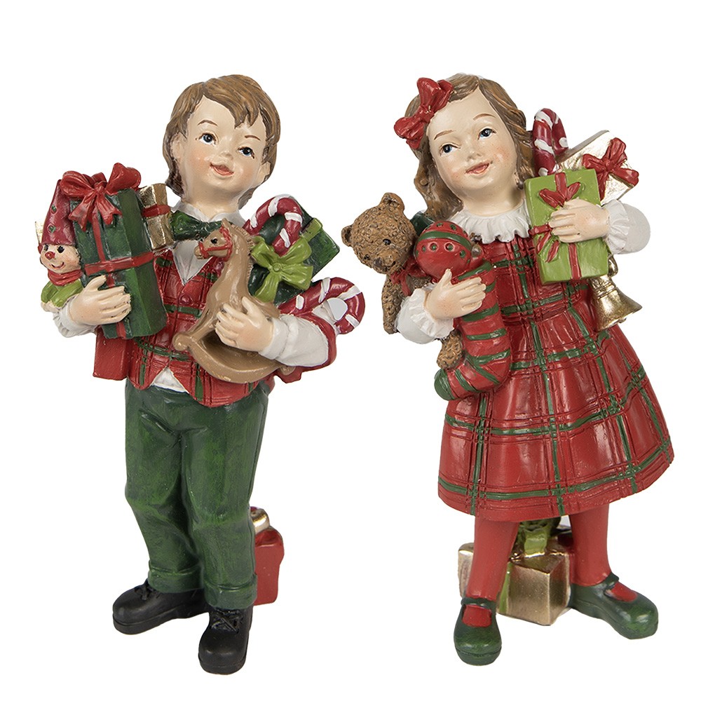 2ks vánoční dekorace chlapec a dívka s dárečky - 7*6*13 / 7*5*13 cm Clayre & Eef