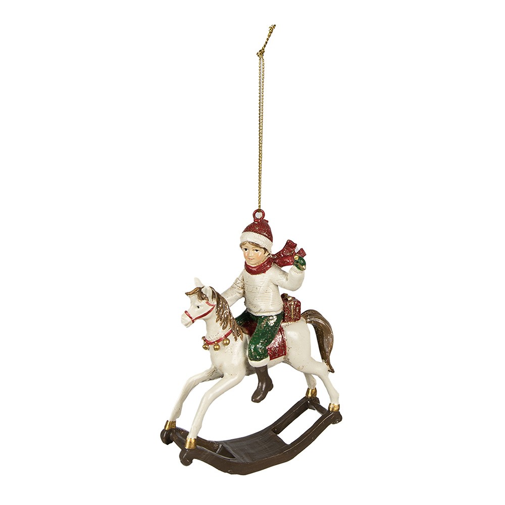 Bílá vánoční závěsná dekorace chlapec na houpacím koníkovi - 9*5*12 cm Clayre & Eef
