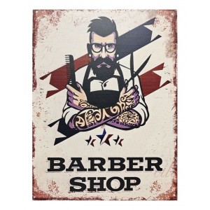 Béžová antik nástěnná kovová cedule Barber Shop - 25*33 cm