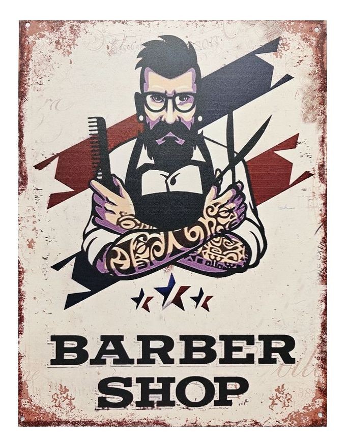 Béžová antik nástěnná kovová cedule Barber Shop - 25*33 cm