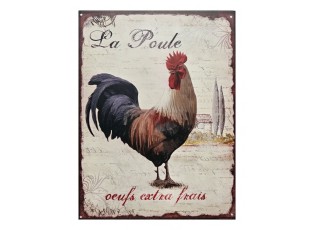 Béžová antik nástěnná kovová cedule s kohoutem La Poule - 25*33cm