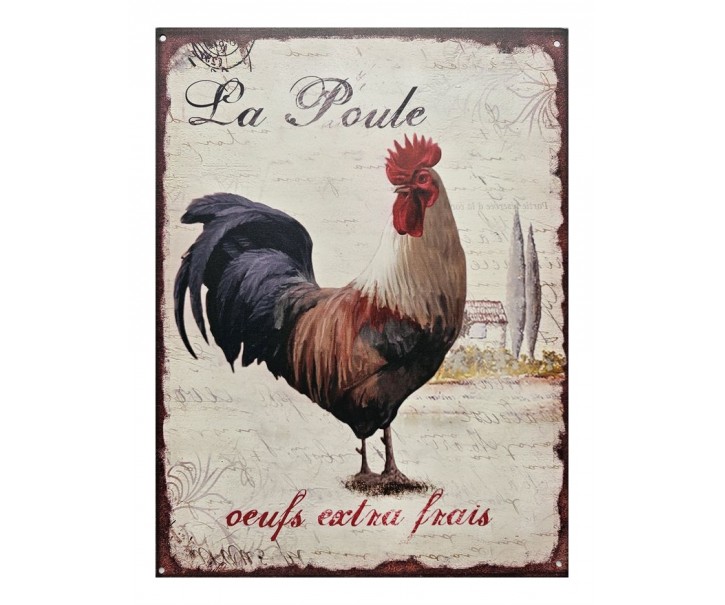 Béžová antik nástěnná kovová cedule s kohoutem La Poule - 25*33cm