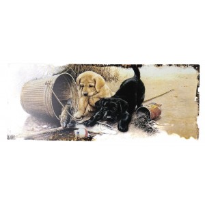 Béžová antik nástěnná kovová cedule se štěnátky - 50*20cm