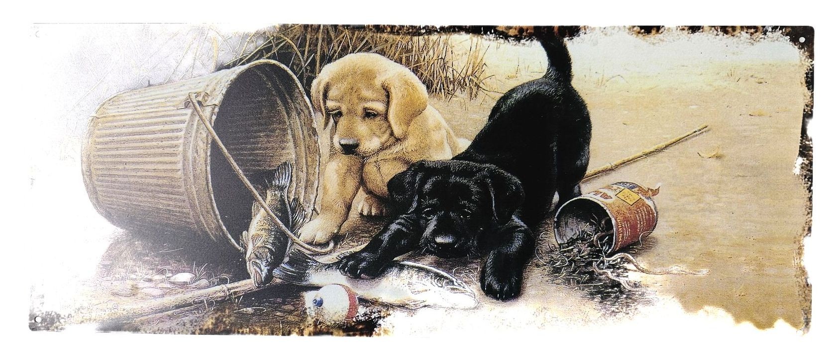 Béžová antik nástěnná kovová cedule se štěnátky - 50*20cm