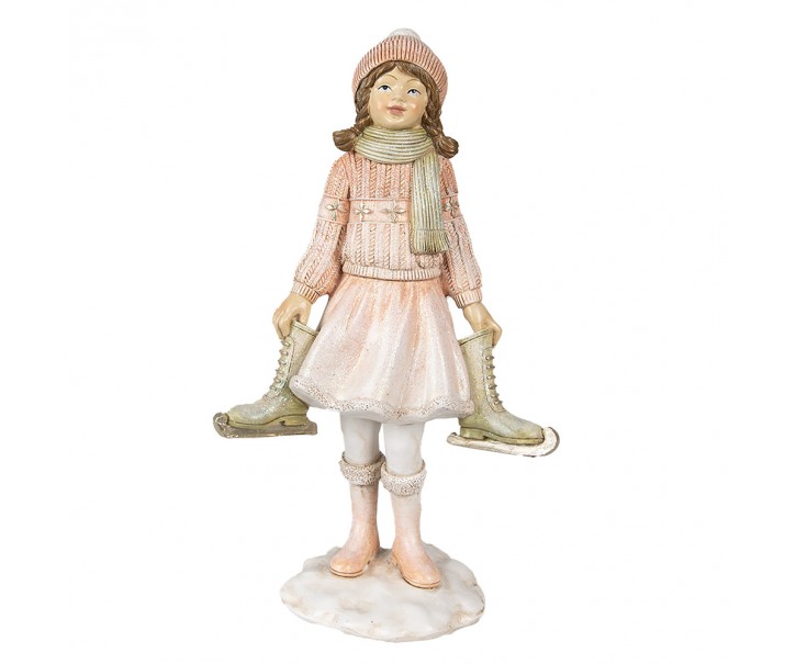 Růžová vánoční dekorace socha děvče s bruslemi - 13*9*21 cm