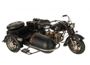 Černý antik kovový retro model motorka se sajdkárou Retro Moto Sidecar - 33*24*18 cm
