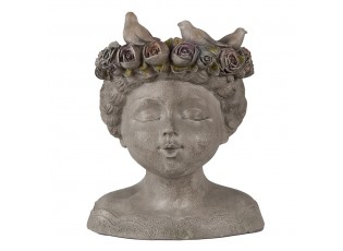 Šedý antik květináč hlava ženy s růžemi a ptáčky - 22*20*26 cm