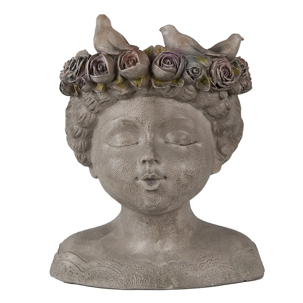 Šedý antik květináč hlava ženy s růžemi a ptáčky - 22*20*26 cm 6PR3896