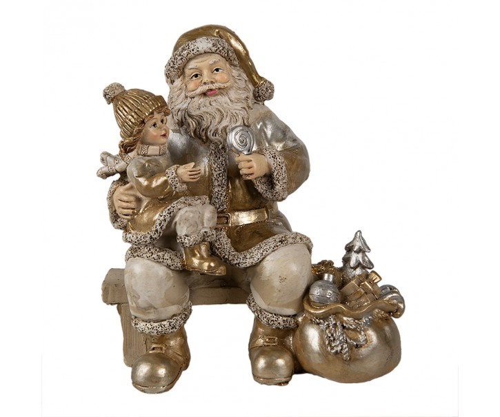 Zlatá vánoční dekorace Santa s děvčátkem a dárky - 15*11*17 cm