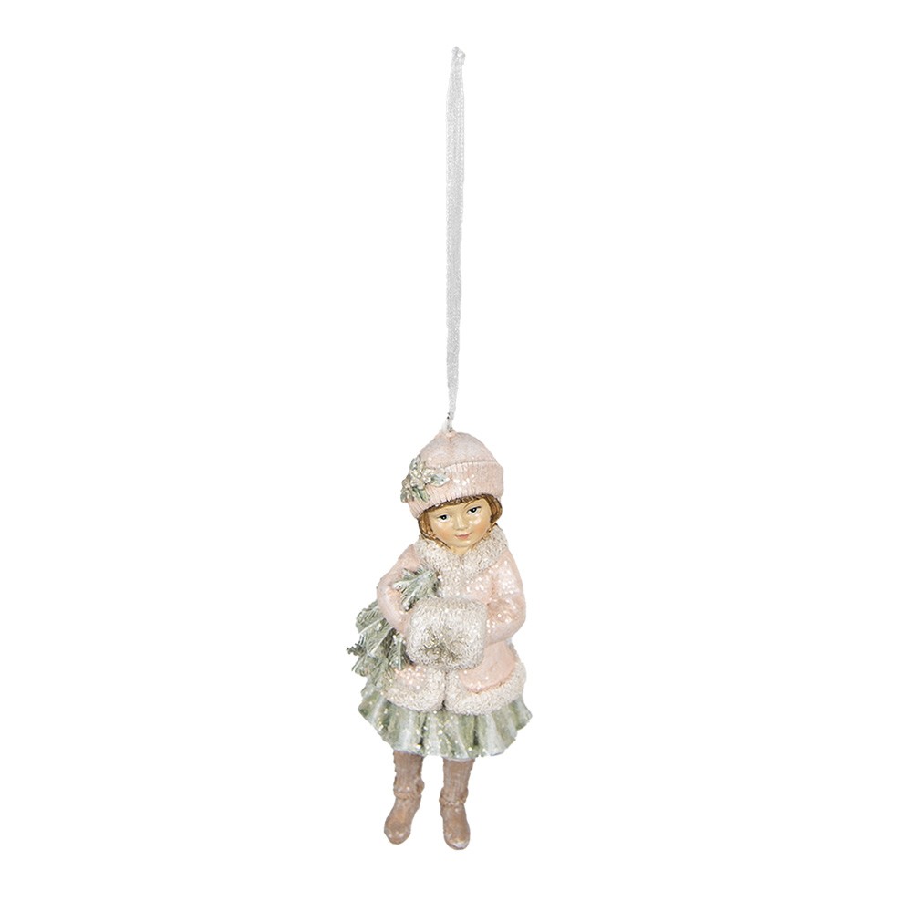 Růžová závěsná dekorace děvčátko se stromečkem - 5*4*11 cm Clayre & Eef