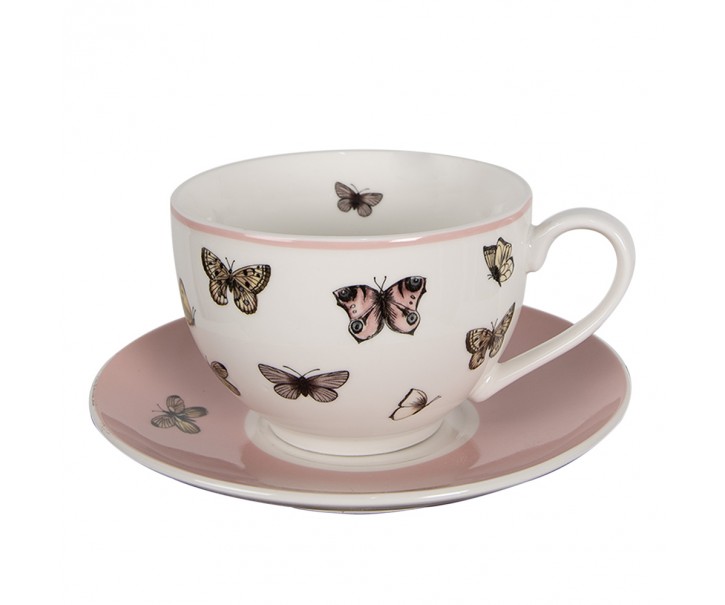 Porcelánový šálek s podšálkem s motýlky Butterfly Paradise - 12*9*6 cm / Ø14*2 cm / 200 ml