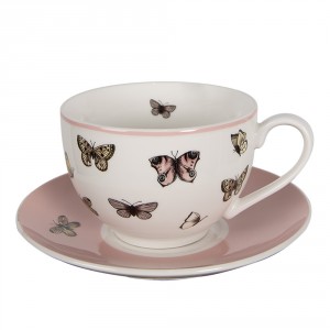 Porcelánový šálek s podšálkem s motýlky Butterfly Paradise - 12*9*6 cm / Ø14*2 cm / 200 ml