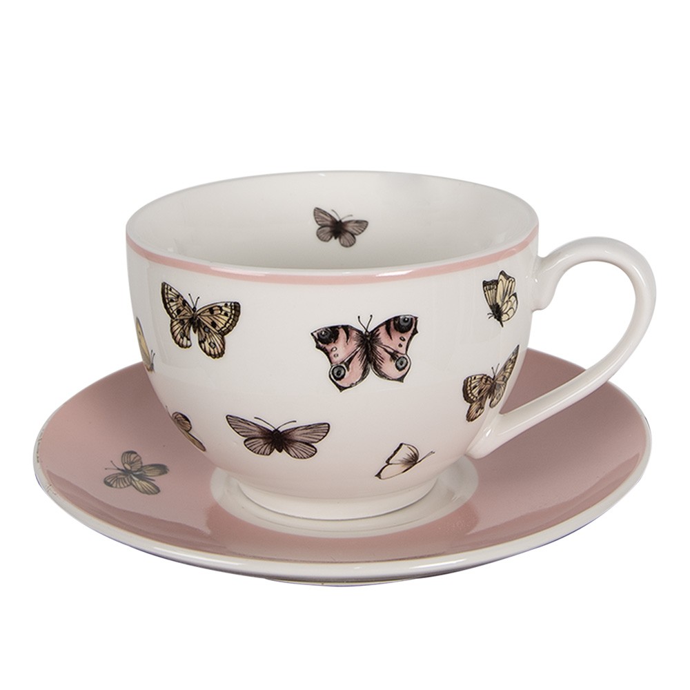 Porcelánový šálek s podšálkem s motýlky Butterfly Paradise - 12*9*6 cm / Ø14*2 cm / 200 ml Clayre & Eef