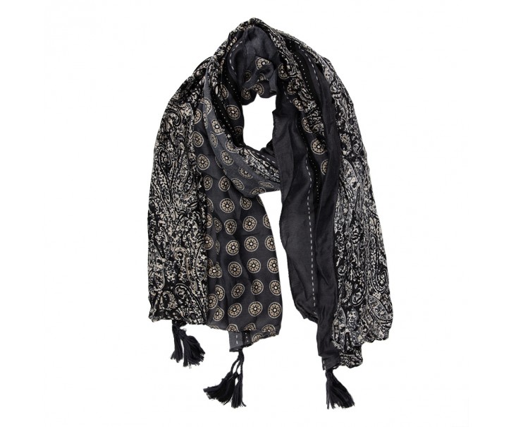 Černo-béžový dámský šátek se vzorem a střapci- 90*180 cm