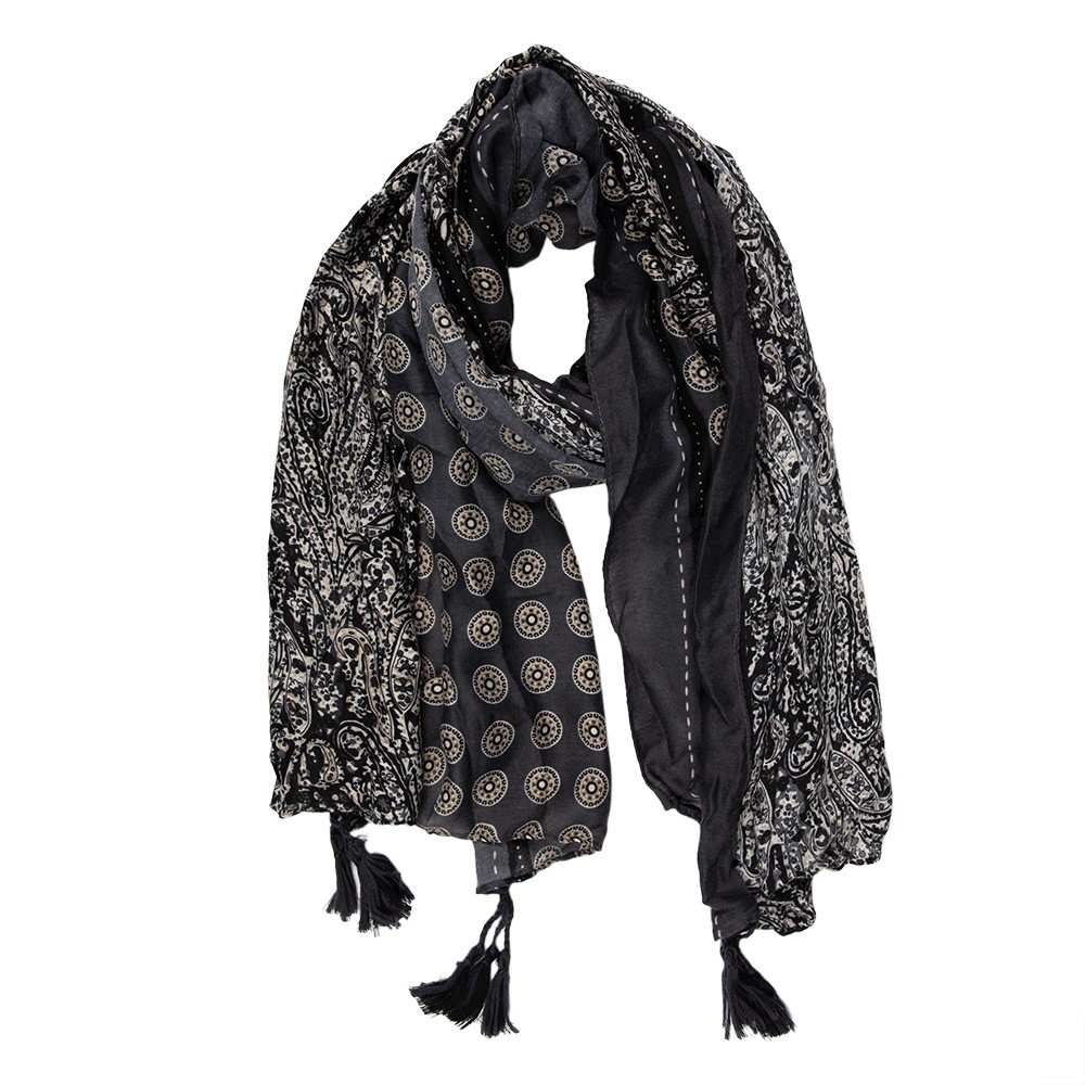 Černo-béžový dámský šátek se vzorem a střapci- 90*180 cm Clayre & Eef