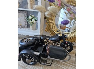 Černý antik kovový retro model motorka se sajdkárou Retro Moto Sidecar - 33*24*18 cm