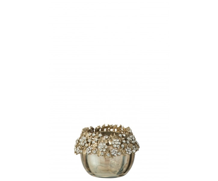 Zlatý svicen na čajovou svíčku se zdobením a kamínky Volve S - Ø 6,5*6,5 cm