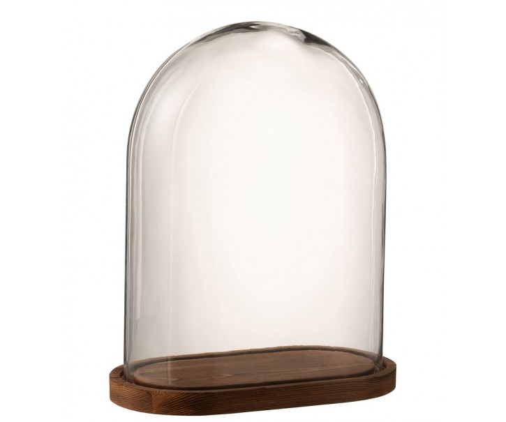 Hnědý dřevěný oválný podnos se skleněným poklopem Bell Jar - 33*18*42cm