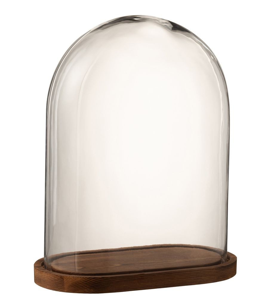 Hnědý dřevěný oválný podnos se skleněným poklopem Bell Jar - 33*18*42cm J-Line by Jolipa