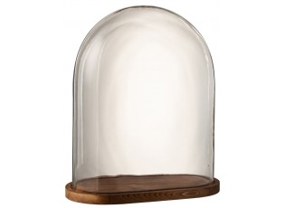 Hnědý dřevěný oválný podnos se skleněným poklopem Bell Jar - 43*23*51cm