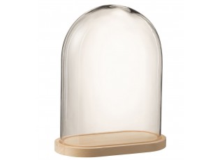 Přírodní dřevěný oválný podnos se skleněným poklopem Bell Jar - 33*19*42 cm