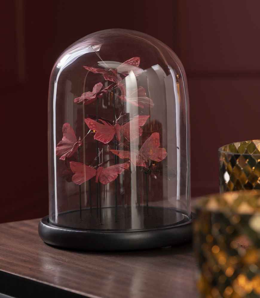 Dekorativní podnos s vínovými motýlky a skleněným poklopem Butterflies - Ø 23*29cm