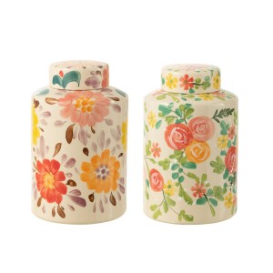 2ks béžová keramická dóza s květy Lacy Flower - Ø21*33cm 