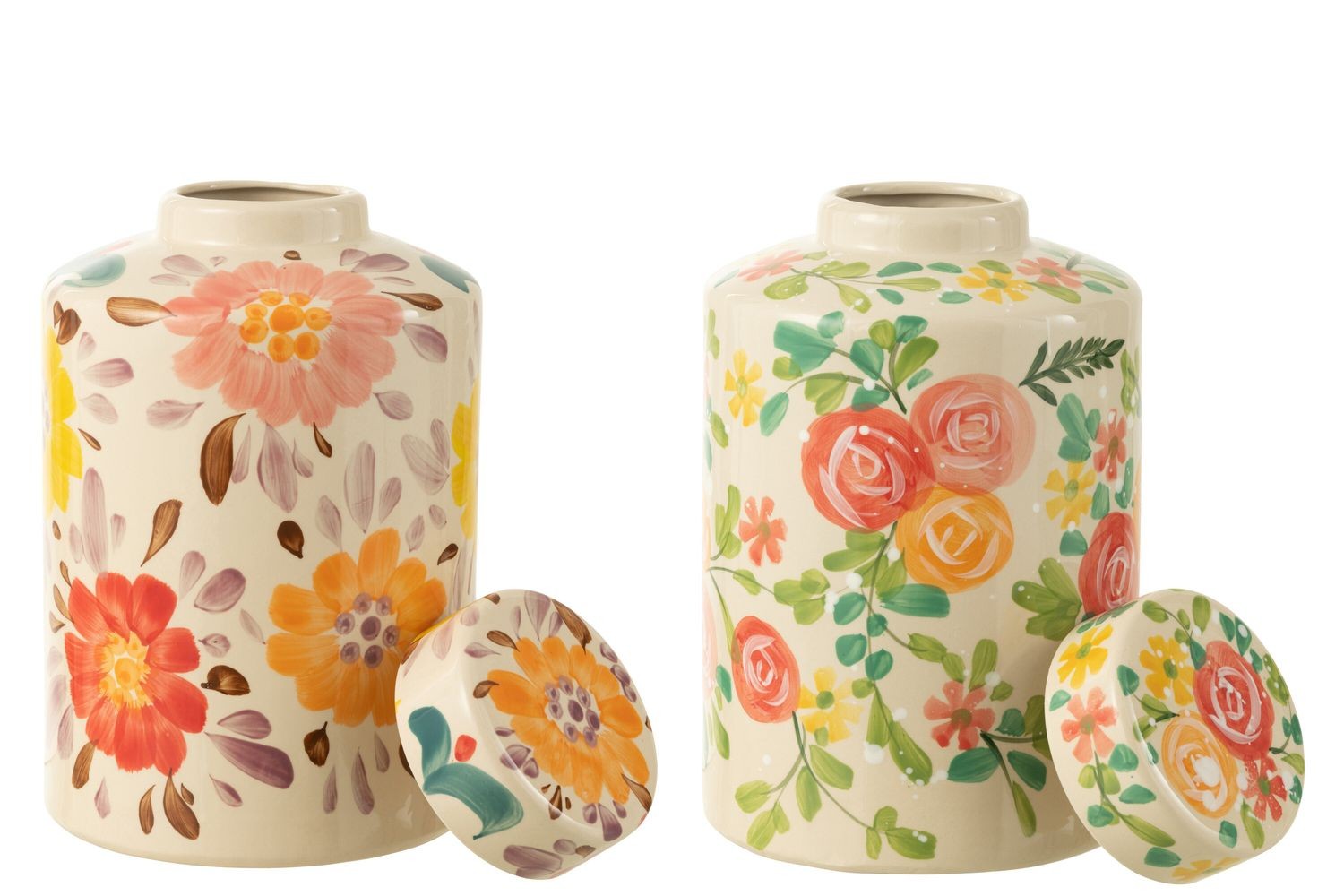 2ks béžová keramická dóza s květy Lacy Flower - Ø21*33cm 