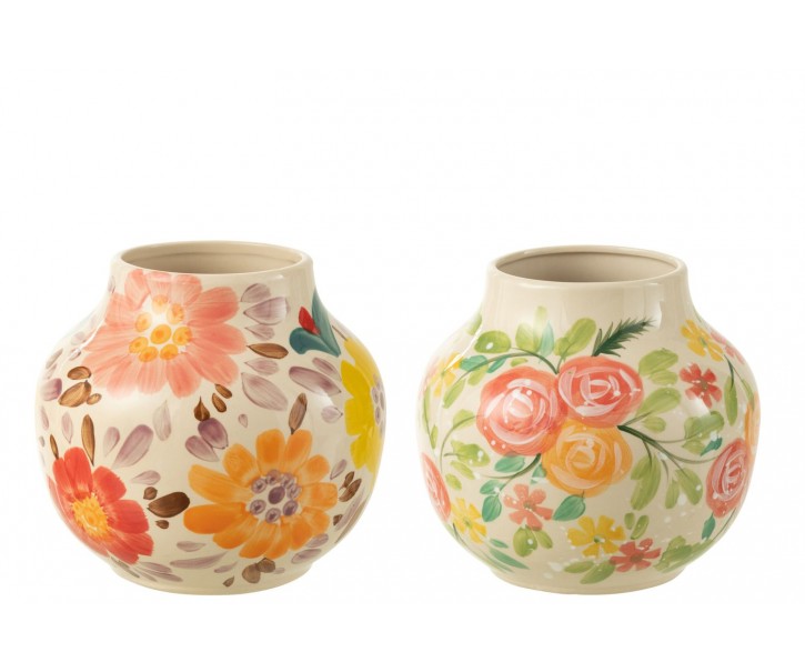 2ks béžová keramická váza s květy Lacy Flower - Ø22*21cm 