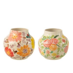 2ks béžová keramická váza s květy Lacy Flower - Ø22*21cm 