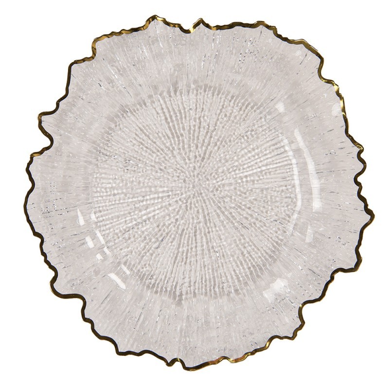 Transparentní servírovací talíř s vlnitým zlatým okrajem - Ø 33*1 cm Clayre & Eef