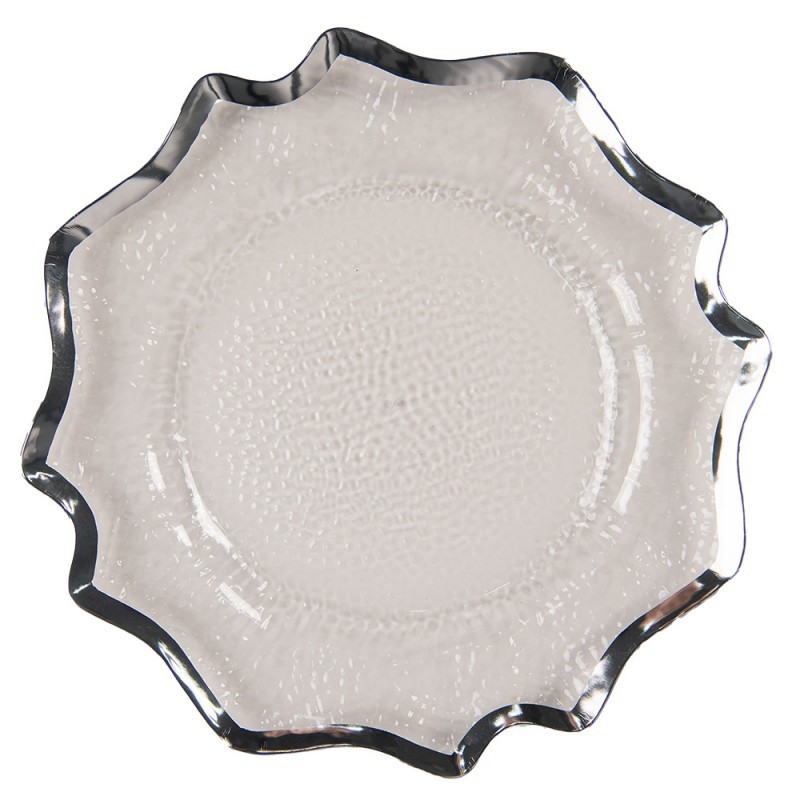 Transparentní servírovací talíř s vlnitým stříbrným okrajem - Ø 33*1 cm Clayre & Eef