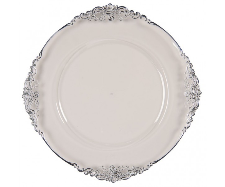 Transparentní servírovací talíř se stříbrným okrajem a zdobením - Ø 33*2 cm