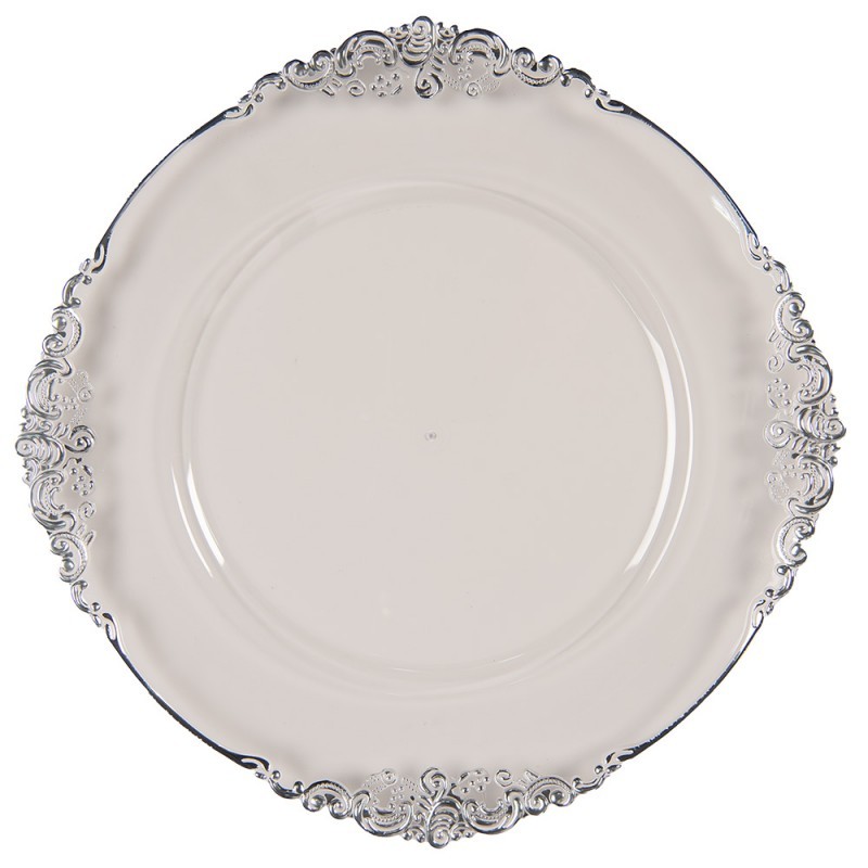 Transparentní servírovací talíř se stříbrným okrajem a zdobením - Ø 33*2 cm Clayre & Eef