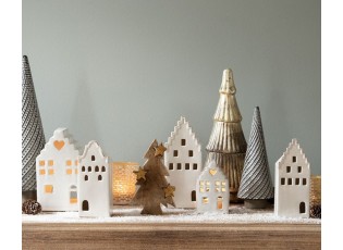 Béžový porcelánový domek svícen na čajovou svíčku Christmas House L - 10*9*17 cm