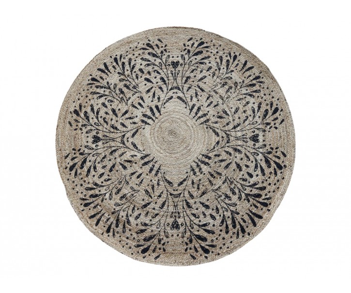 Přírodní kulatý jutový koberec s černými listy Gillia - Ø160 cm