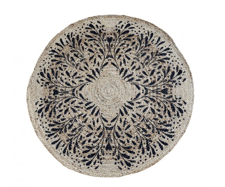 Přírodní kulatý jutový koberec s černými listy Gillia - Ø110 cm