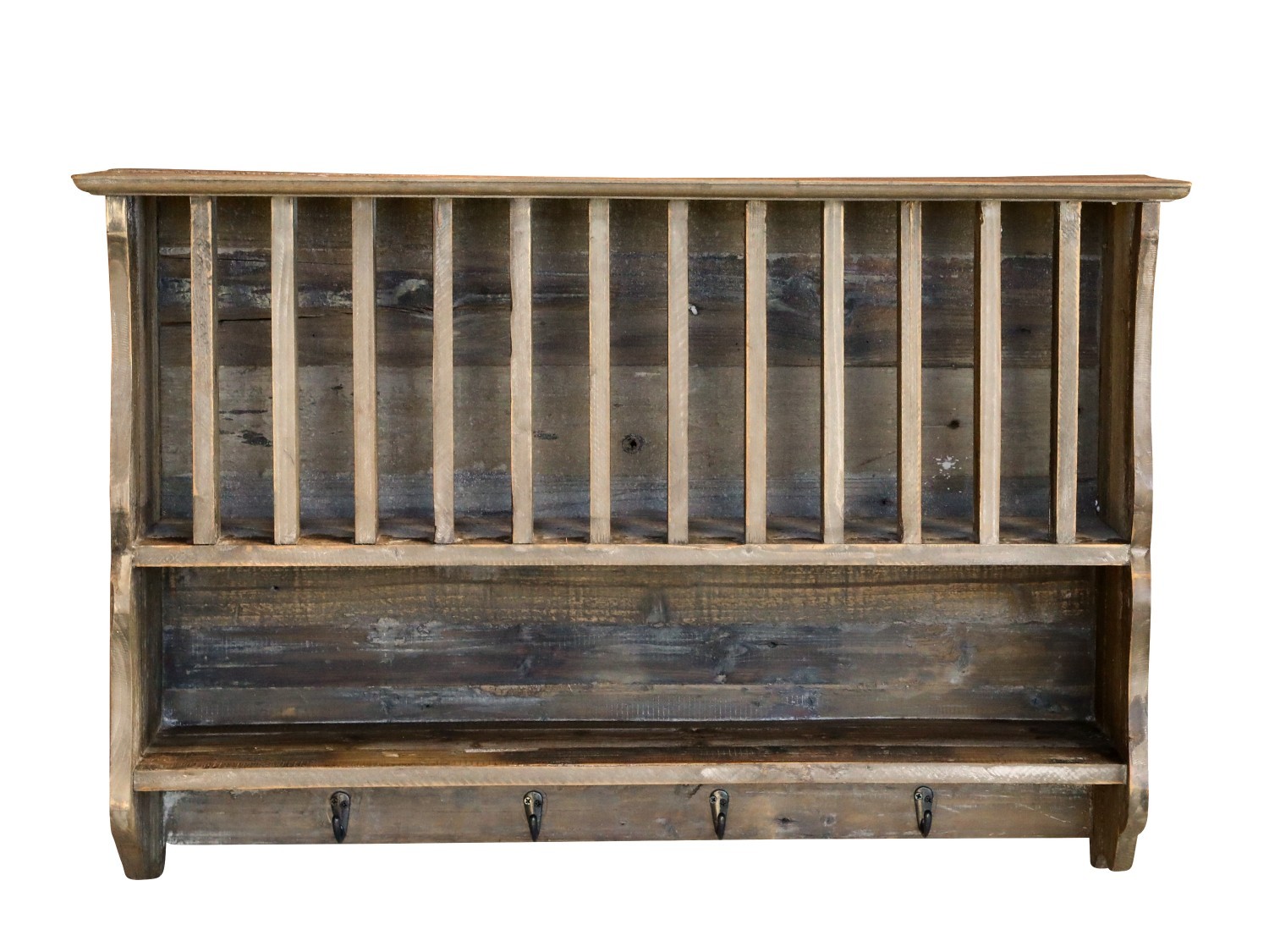 Hnědá antik dřevěná nástěnná polička s přihrádkami a háčky Plate Rack - 80*20*55 cm