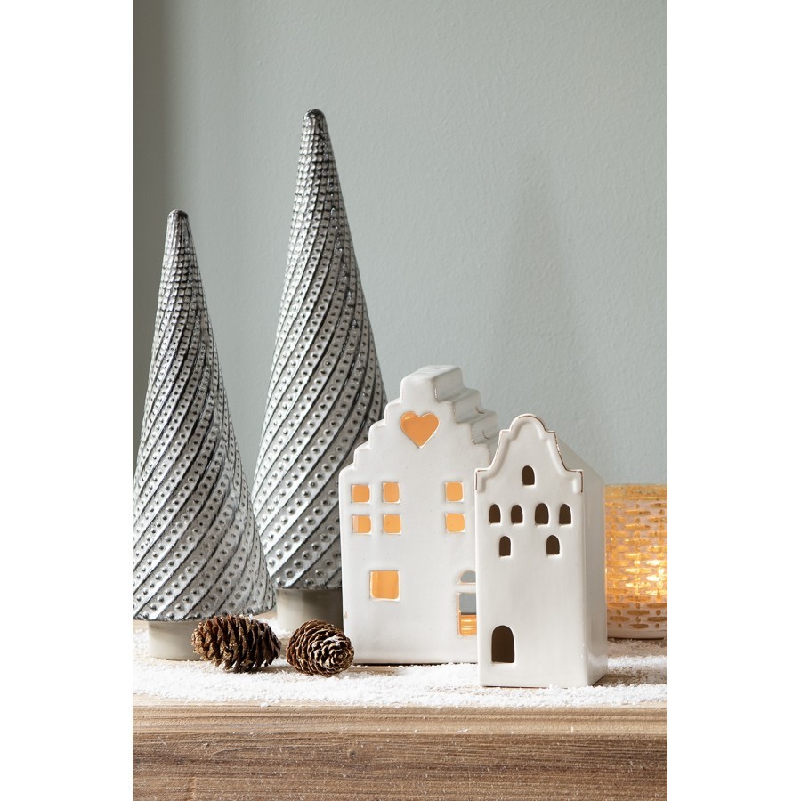 Béžová dekorace porcelánový domek s Led světýlky Christmas House M - 7*6*16 cm