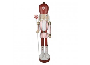 Bílo-červená kovová socha Louskáček v životní velikosti s lízátkem - 43*34*167 cm